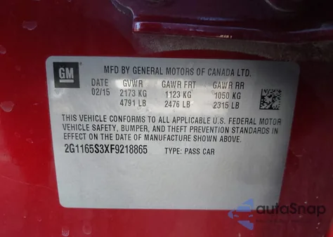 2015 Chevrolet Impala 2Lz z USA, uszkodzony, nr VIN 2G1165S3XF9218865